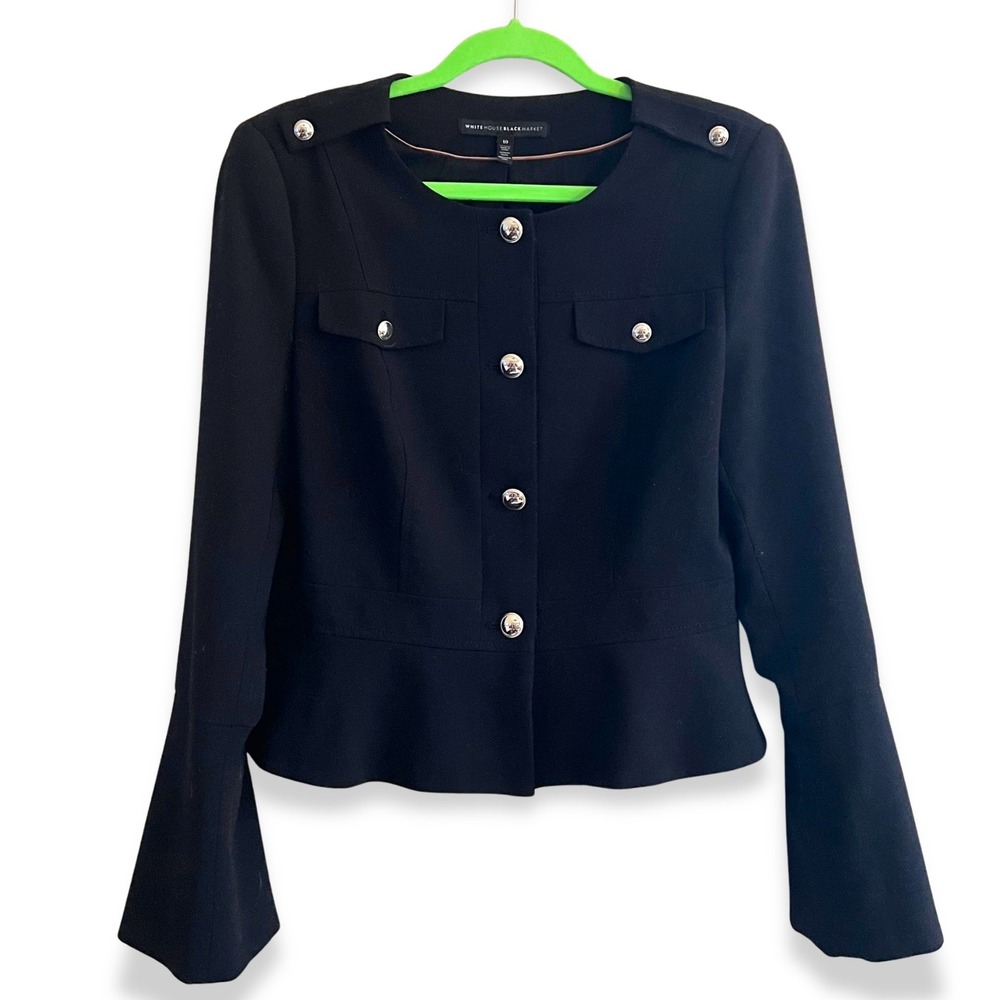 WHBM Military Bell Sleeve Peplum Blazer Black Size 10 Office Siren Maximalism